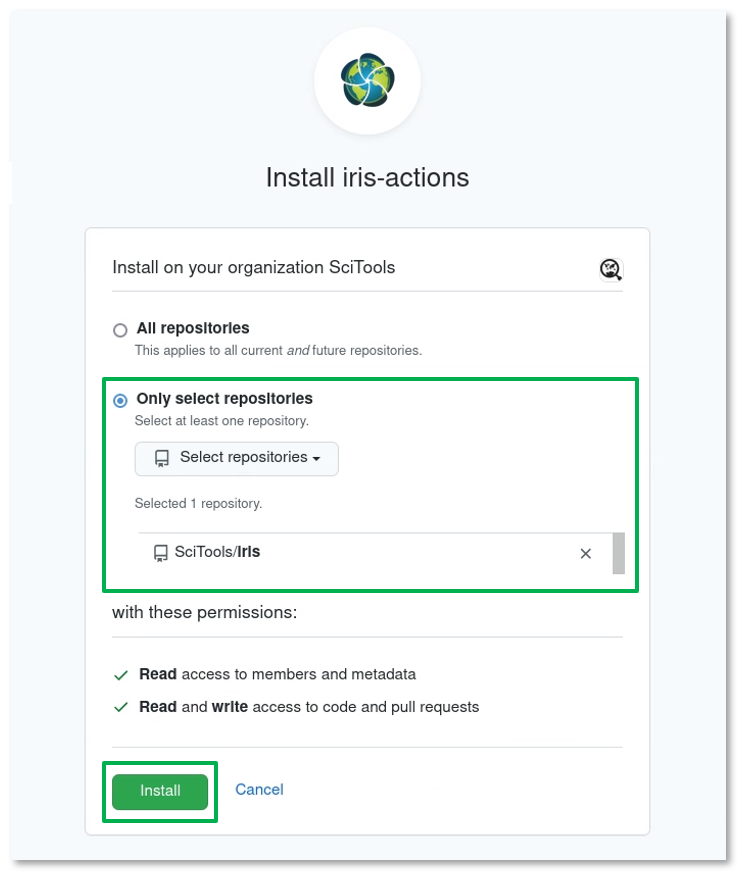 Install iris-actions GitHub App