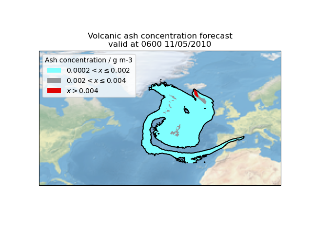 Volcanic ash concentration forecast valid at 0600 11/05/2010
