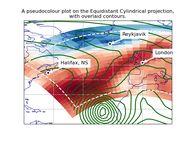 A pseudocolour plot on the Equidistant Cylindrical projection, with overlaid contours.