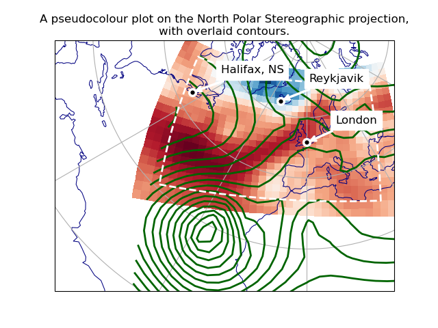A pseudocolour plot on the North Polar Stereographic projection, with overlaid contours.